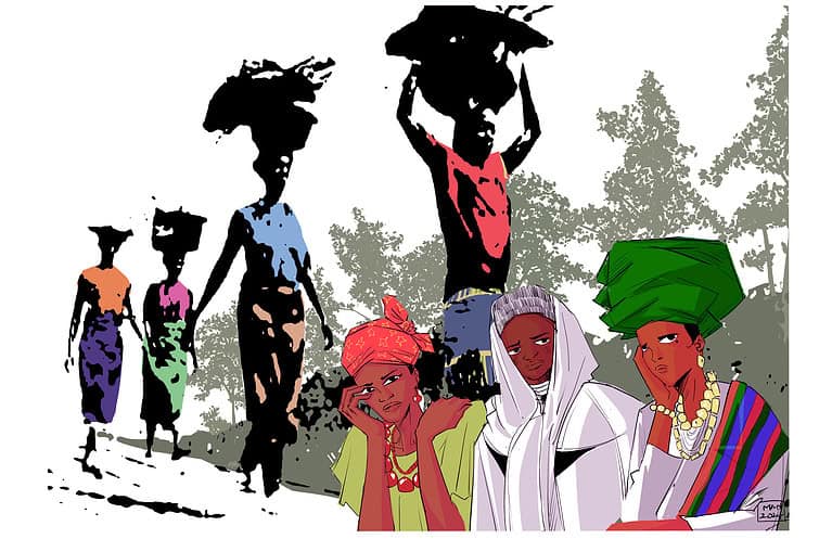 Three women sitting together, their different traditional attire representing Nigeria's diverse cultures. Artwork by Gift Amarachi Ottah Rest for the weary