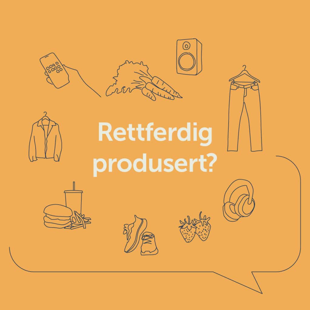 Hvit tekst på gul bakgrunn Rettferdig Produsert?